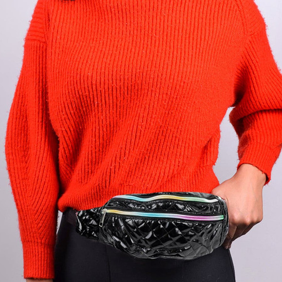 Quilted Black Fanny Pack Belt Bag Sling Bag  with Iridescent Zippers - Picture 5 of 5